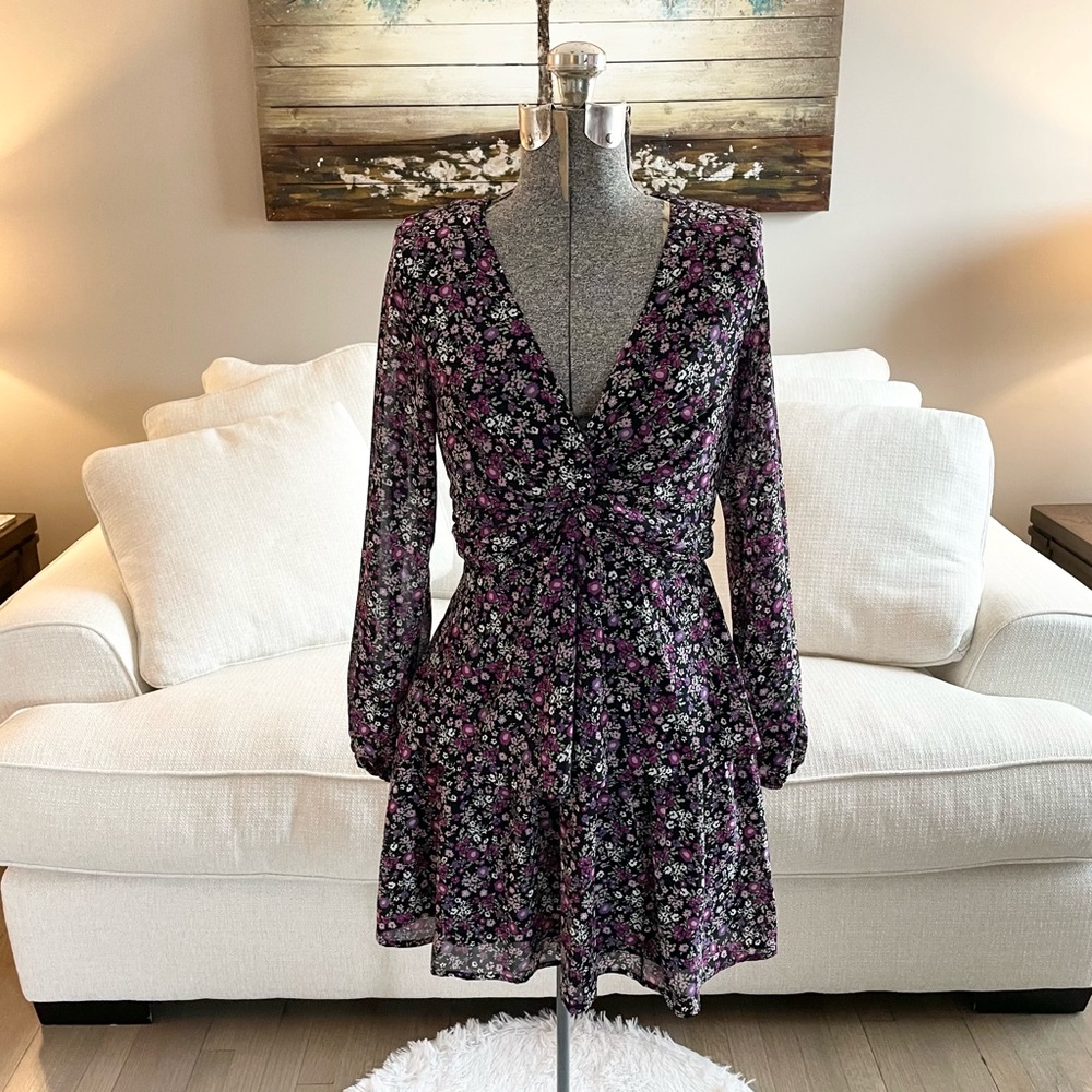 1, 5, 7 purple floral print long sleeve layered bohemian mini dress